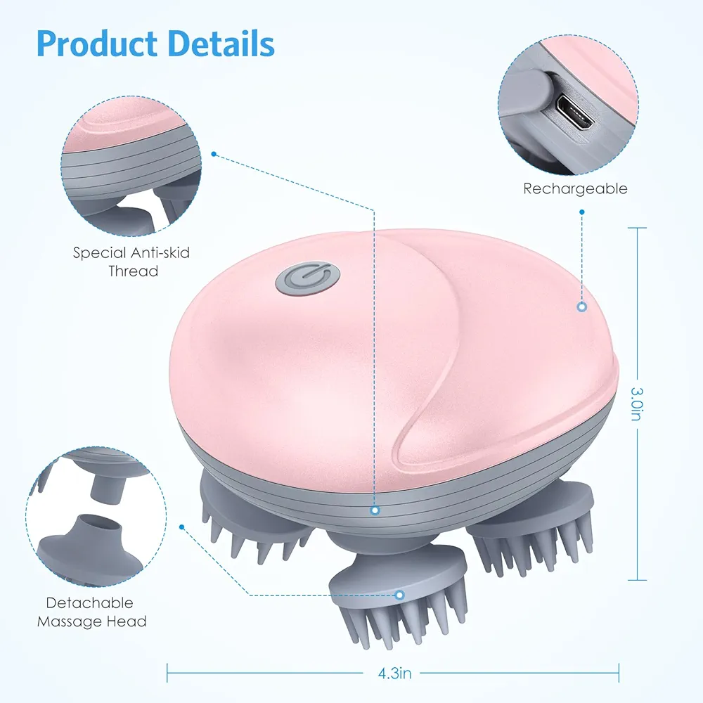 Masseur De Cuir Chevelu Sans Fil 3 en 1 Avec 96 Contacts en Silicone - 3 Modes de Pétrissage - Étanche IPX6 - Rechargeable - Rose