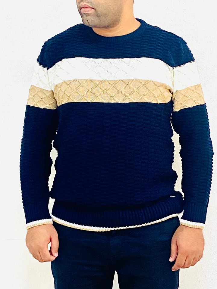 Pull Homme En Laine Bleu Marine Rayé