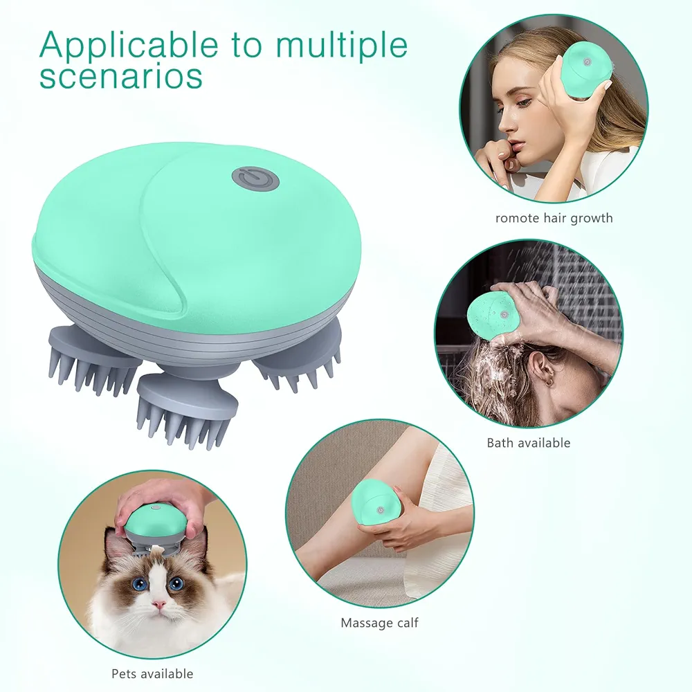 Masseur De Cuir Chevelu Sans Fil 3 en 1 Avec 96 Contacts en Silicone - 3 Modes de Pétrissage - Étanche IPX6 - Rechargeable - Vert 