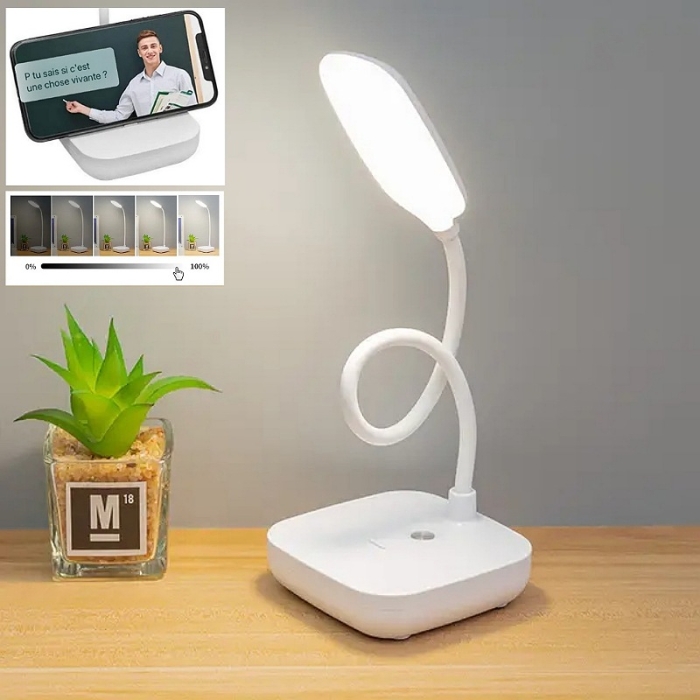 Lampe De Bureau Flexible - USB Power - Support De Téléphone - 3 Modes d'éclairage - Blanc