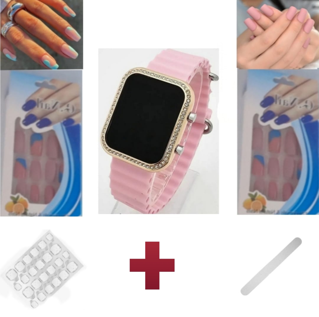 Pack De 1 Montre Pour Femme + 12 Ongles Rose Simple + 12 Ongles Rose Décoré Avec 1 Lime Cadeau