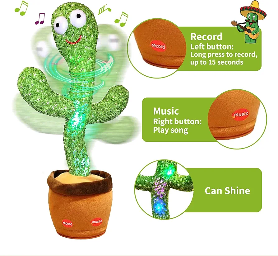 Jouet Cactus Parlant Dansant – Jouet Cactus Ensoleillé Parlant – Répétition De Chant – 120 Chansons Pour Enfants – 15 Secondes – Enregistrez Votre Voi