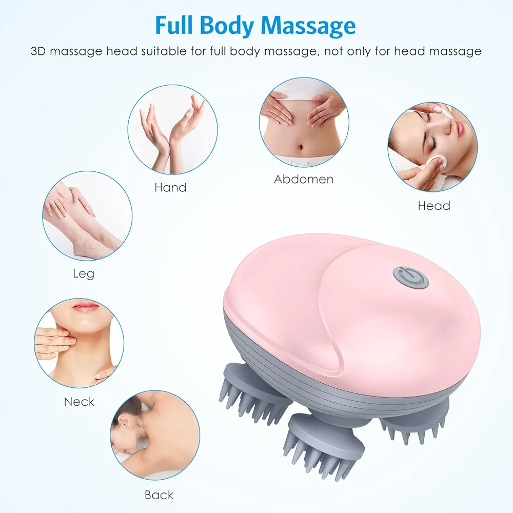 Masseur De Cuir Chevelu Sans Fil 3 en 1 Avec 96 Contacts en Silicone - 3 Modes de Pétrissage - Étanche IPX6 - Rechargeable - Rose