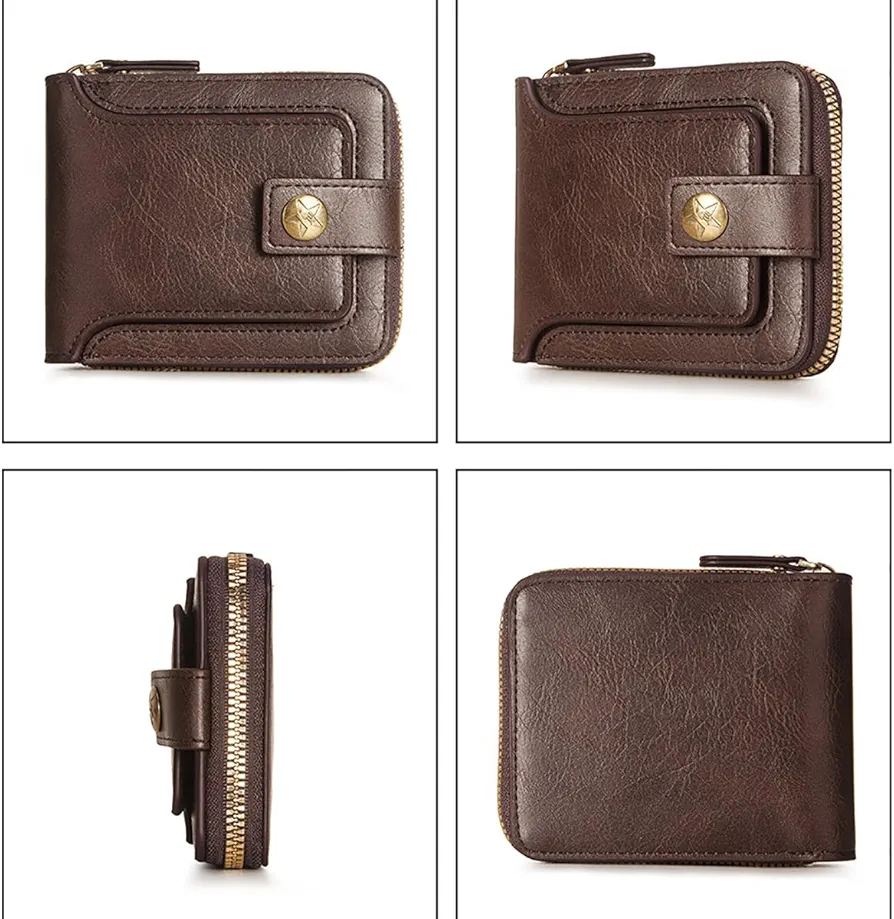 Portefeuille Classique en Cuir PU Pour Homme – Moraillon Court et Fermeture Éclair – Haute Qualité et Multi-Poches - Marron foncé 