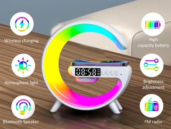 Haut-parleur Bluetooth intelligent Rechargeable – Réveil – Chargeur Sans Fil avec 15 W – Veilleuse LED RGB