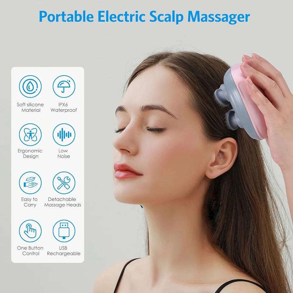 Masseur De Cuir Chevelu Sans Fil 3 en 1 Avec 96 Contacts en Silicone - 3 Modes de Pétrissage - Étanche IPX6 - Rechargeable - Rose