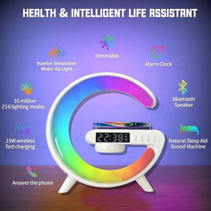 Haut-parleur Bluetooth intelligent Rechargeable – Réveil – Chargeur Sans Fil avec 15 W – Veilleuse LED RGB