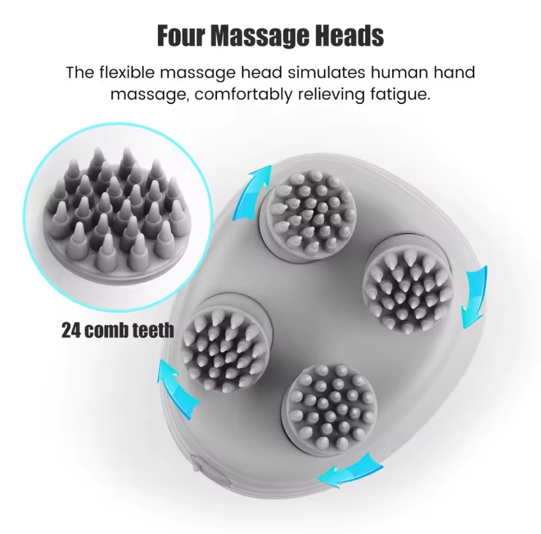 Masseur De Cuir Chevelu Sans Fil 3 en 1 Avec 96 Contacts en Silicone - 3 Modes de Pétrissage - Étanche IPX6 - Rechargeable - Blanc 